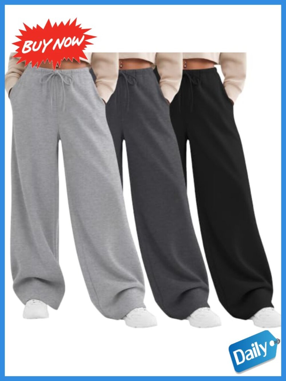 3 Pack Women Wide Leg Sweatpants Low Rise Elastic Waist Drawstring Pockets